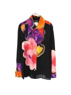 Chanel 15 SS Flower Silk Shirt Black Mix 44